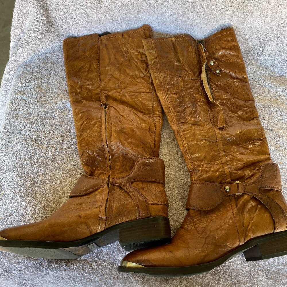 Sam Edelman Presley Tan Leather Knee High Boots Size 8M Riding Style